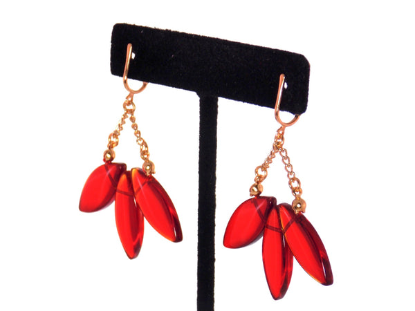 Red Glass Fan Shaped Gold Dangle Statement Earrings Clip On Optional