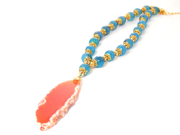 Orange & Blue Agate Gold Plated Pendant Necklace - KMagnifiqueDesigns