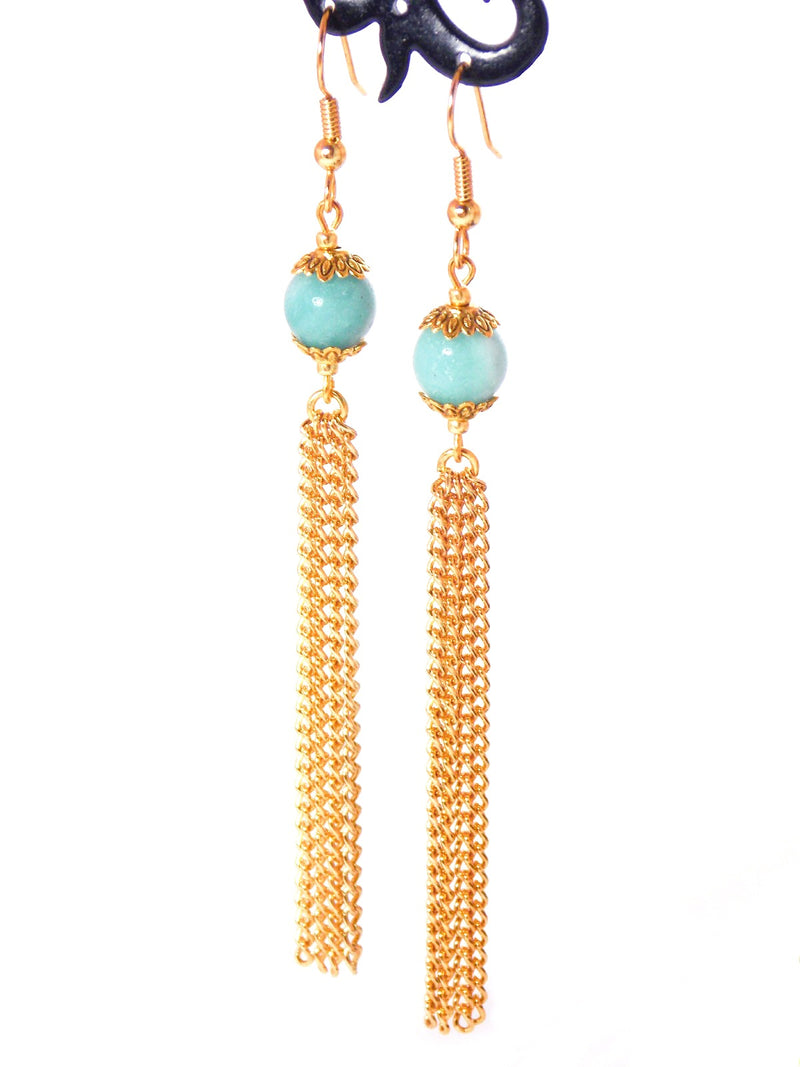 Light Blue Amazonite Gold Dangle Tassel Chain Earrings Clip On Optional