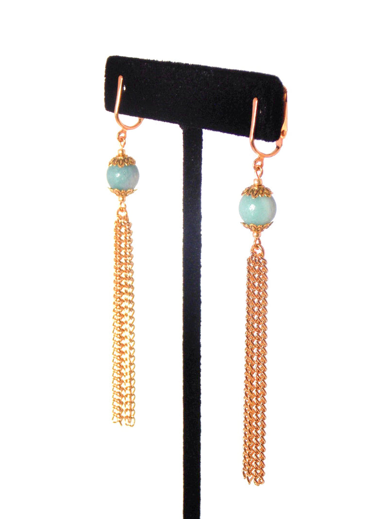 Light Blue Amazonite Gold Tassel Chain Clip On Optional Dangle Earrings