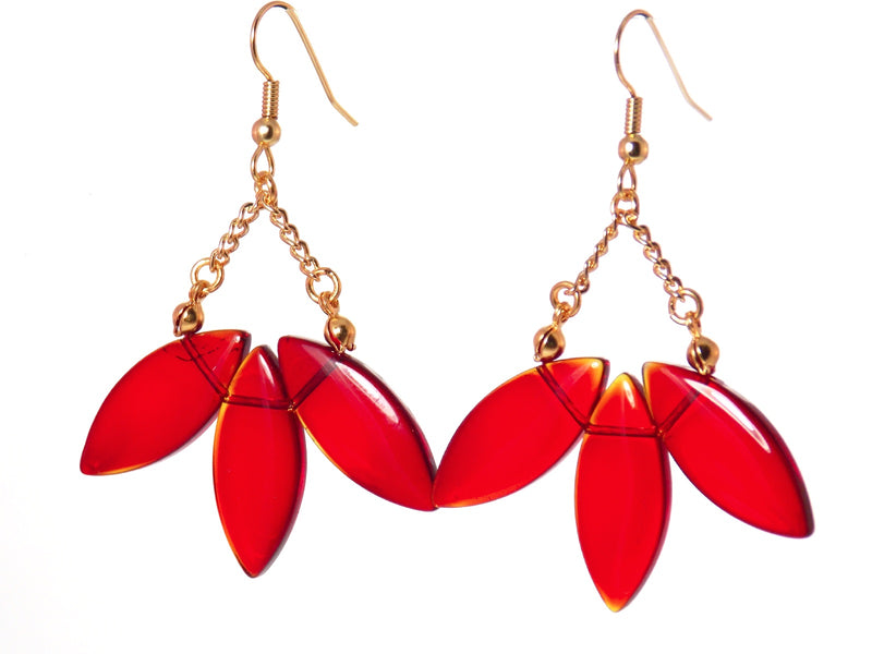 Red Glass Fan Shaped Gold Dangle Statement Earrings Clip On Optional