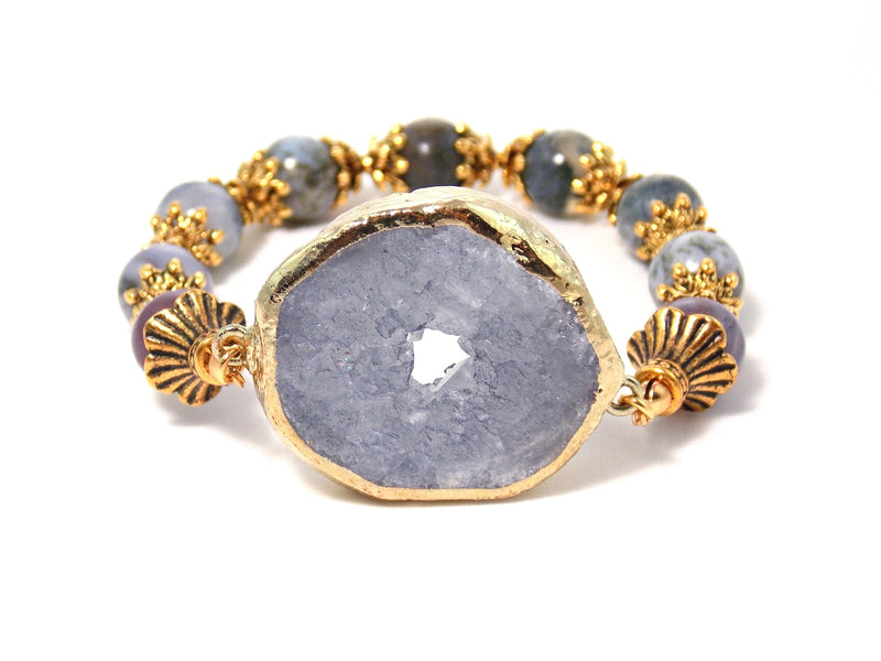 Gray Druzy Geode Quartz Jasper Stone Gold Plated Beaded Statement Bracelet