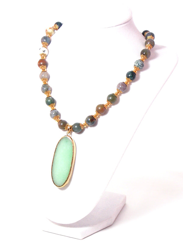Mint Green Quartz Pendant, Jasper Stone Gold Plated Necklace