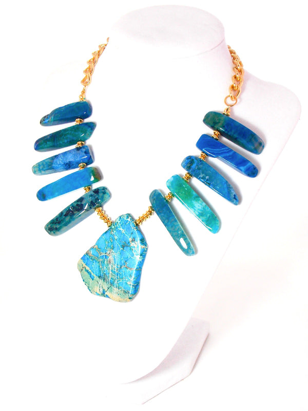 Blue Agate And Jasper Stone Gold Plated Bib Statement Necklace