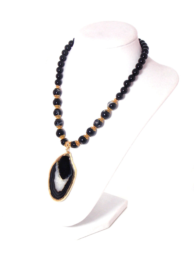 Black Slice Agate Pendant Gold Plated Statement Necklace by KMagnifiqueDesigns
