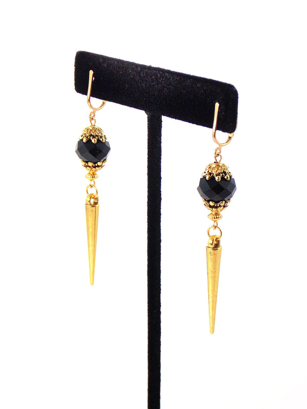 Black & Gold Glass Faceted Spike Dangle Statement Earrings by KMagnifiqueDesigns