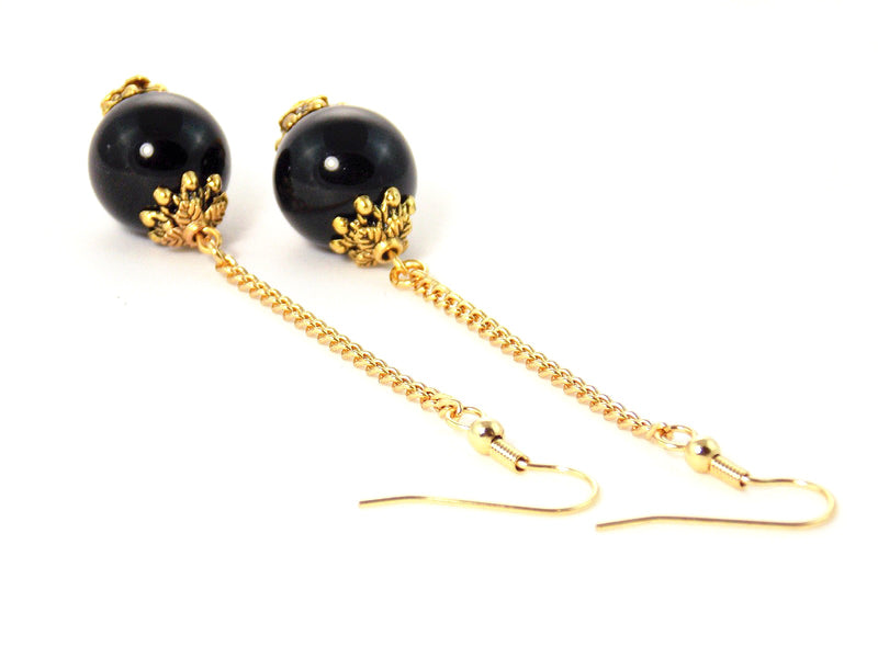 Black Onyx Stone Long Gold Dangle Ball Drop Statement Earrings Clip On Optional