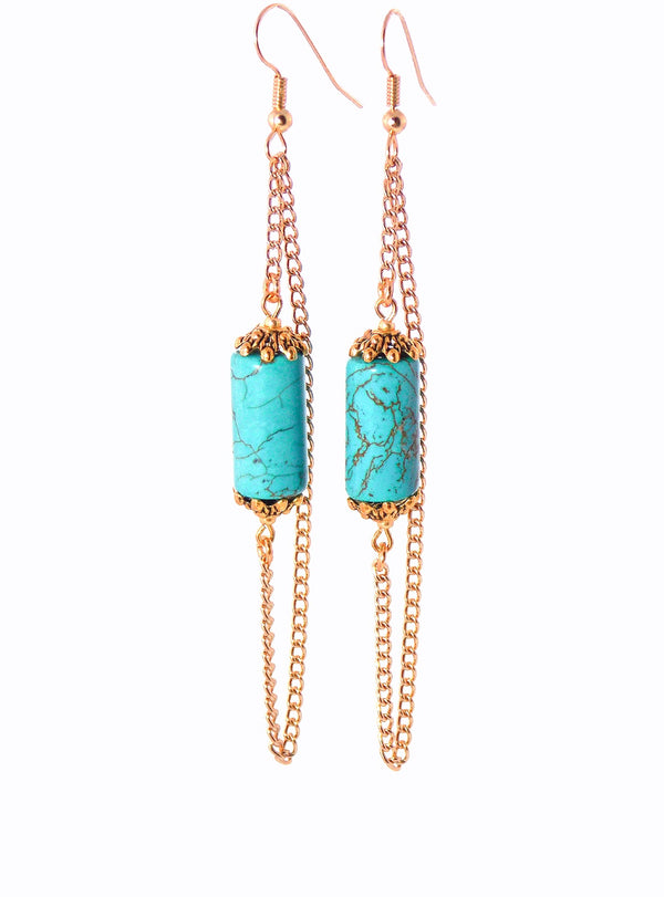 Blue Turquoise Howlite Stone Long Gold Dangle Chain Statement Earrings Clip On Optional