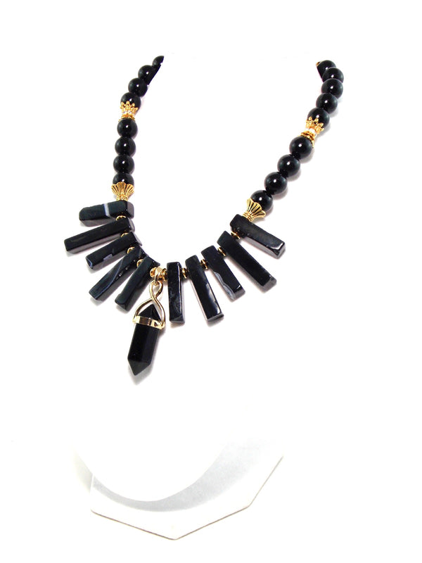 Black Obsidian Pendant And Agate Stone Gold Plated Bib Statement Necklace