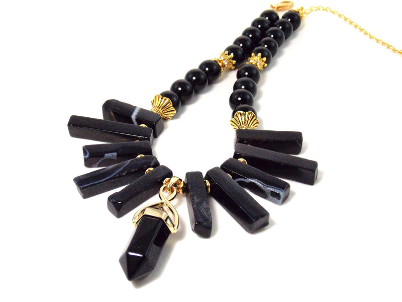 Black Obsidian Pendant And Agate Stone Gold Plated Bib Statement Necklace