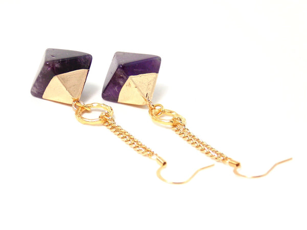 Amethyst Stone Pendant Gold Plated Dangle Statement Earrings Clip On Optional