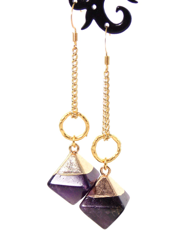 Amethyst Stone Pendant Gold Plated Dangle Statement Earrings Clip On Optional