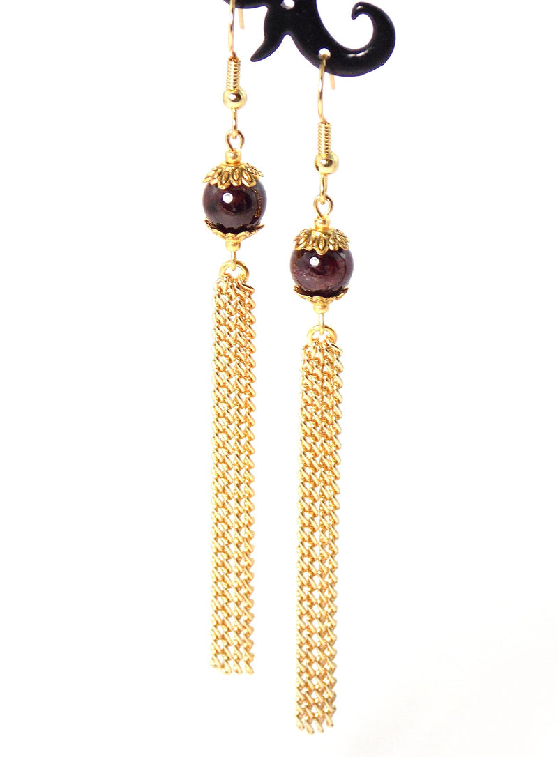 Garnet Stone Long Gold Dangle Tassel Chain Earrings Clip On Optional