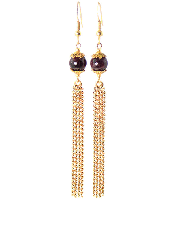 Garnet Stone Long Gold Dangle Tassel Chain Earrings Clip On Optional