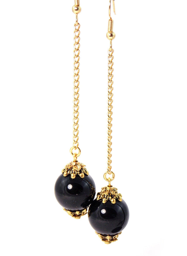 Black Onyx Ball Drop Gold Statement Earrings - KMagnifiqueDesigns
