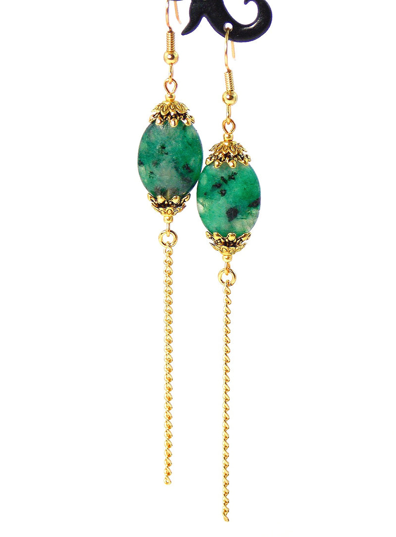 Green Semi Precious Stone Long Gold Dangle Chain Earrings Clip On Optional