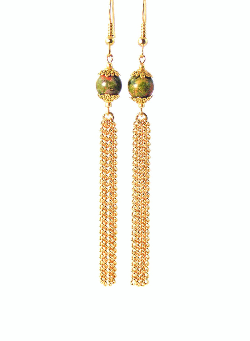 Green Semi Precious Stone Gold Dangle Long Tassel Earrings Clip On Optional