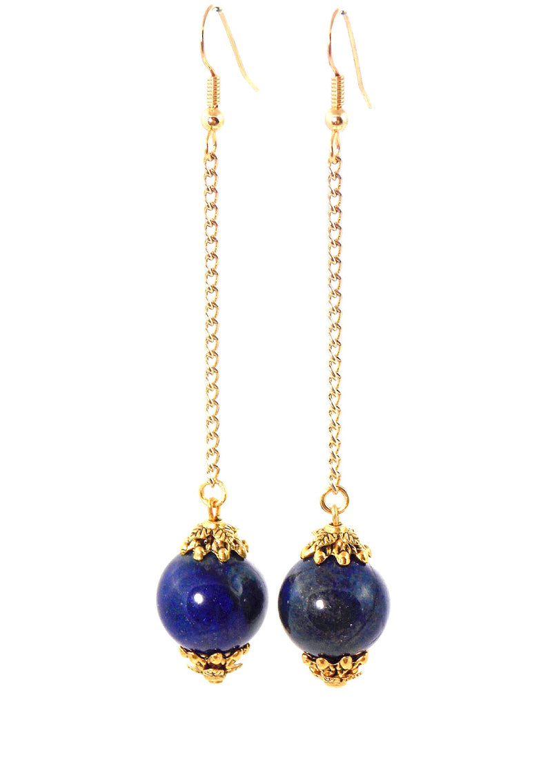 Lapis Lazuli Gold Chain Ball Drop Dangle Statement Earrings Clip On Optional