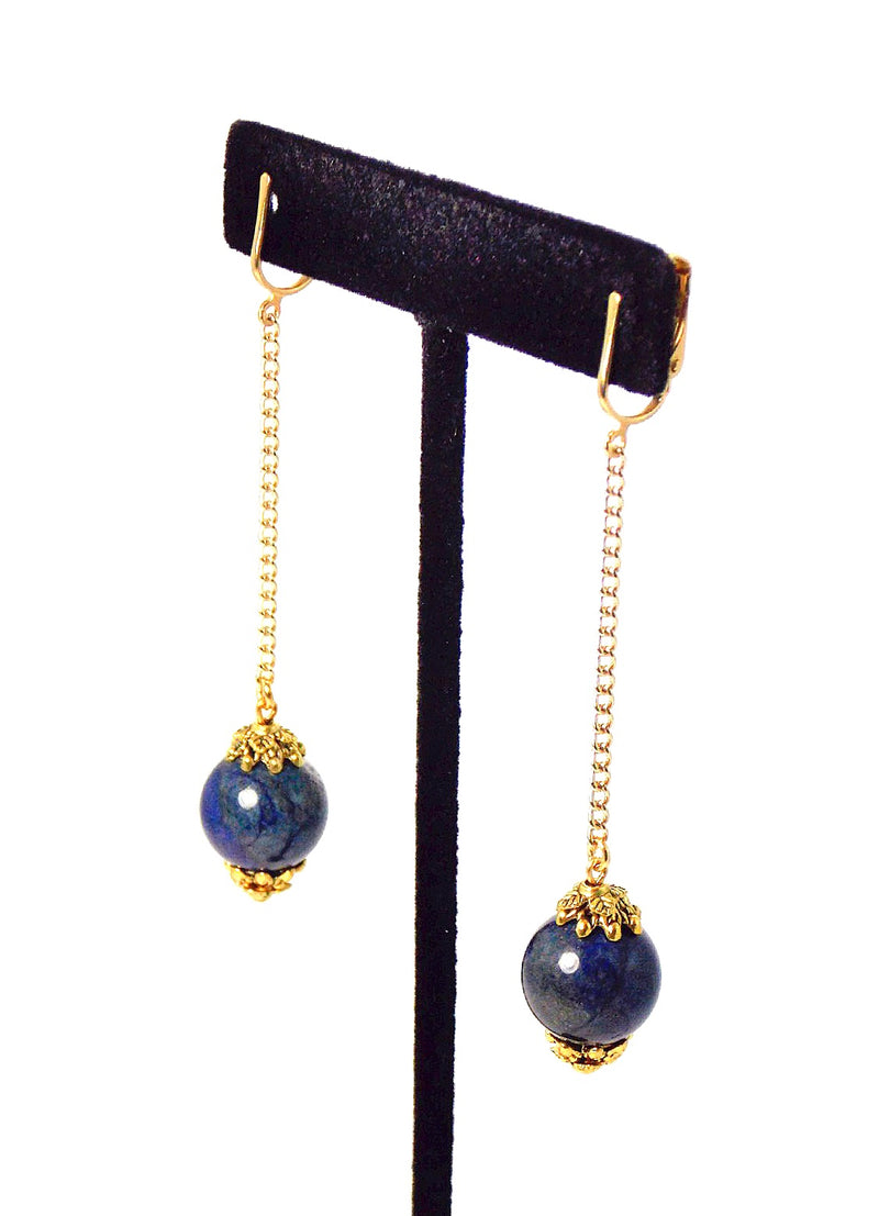 Lapis Lazuli Gold Chain Ball Drop Dangle Statement Earrings Clip On Optional