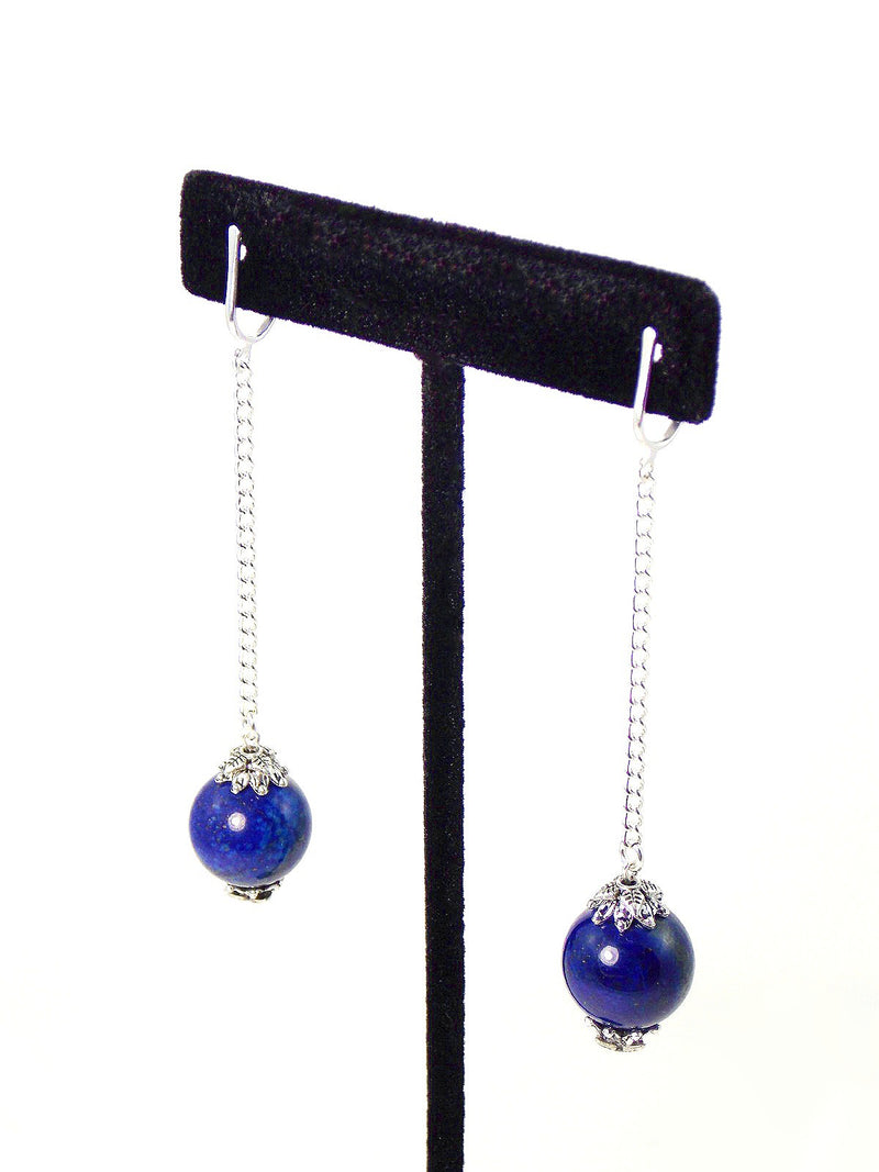 Blue Lapis Lazuli Long Ball Drop Silver Dangle Earrings Clip On Optional