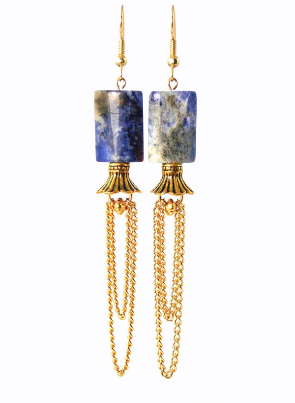 Semi Precious Blue Dangle Stone Gold Plated Statement Earrings Clip On Optional