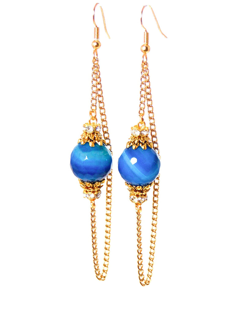 Cobalt Blue Agate Stone Long Gold Dangle Chain Statement Earrings Clip On Optional