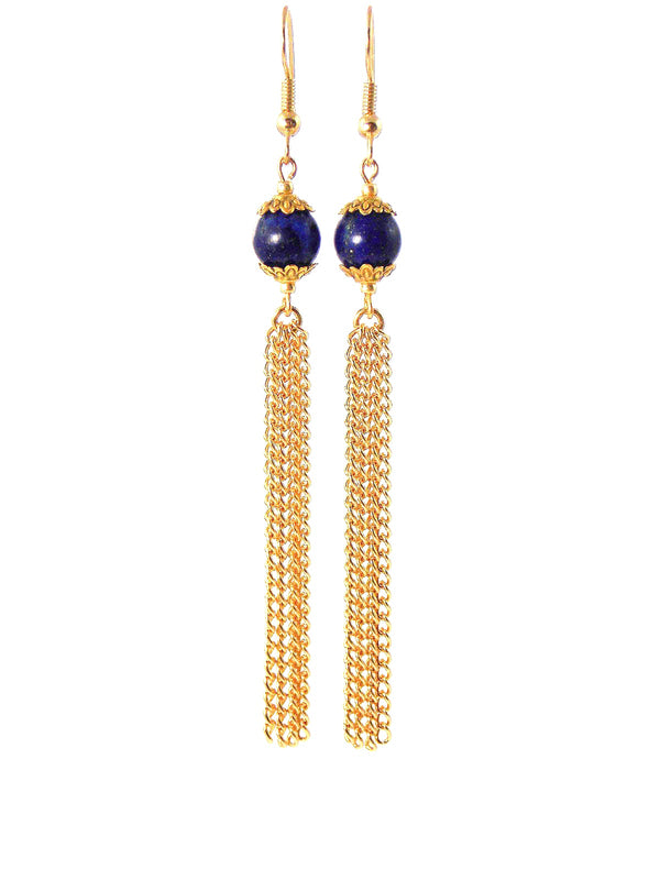 Blue Lapis Lazuli Gold Tassel Dangle Chain Earrings Clip On Optional