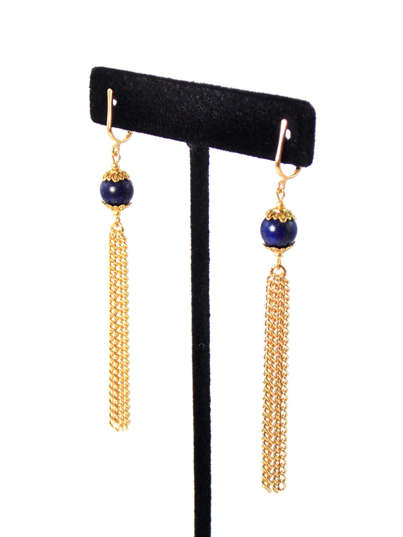Blue Lapis Lazuli Gold Tassel Dangle Chain Earrings Clip On Optional