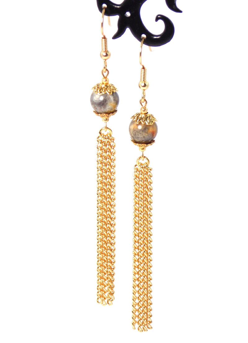 Gray Stone Long Gold Dangle Tassel Chain Earrings Clip On Optional