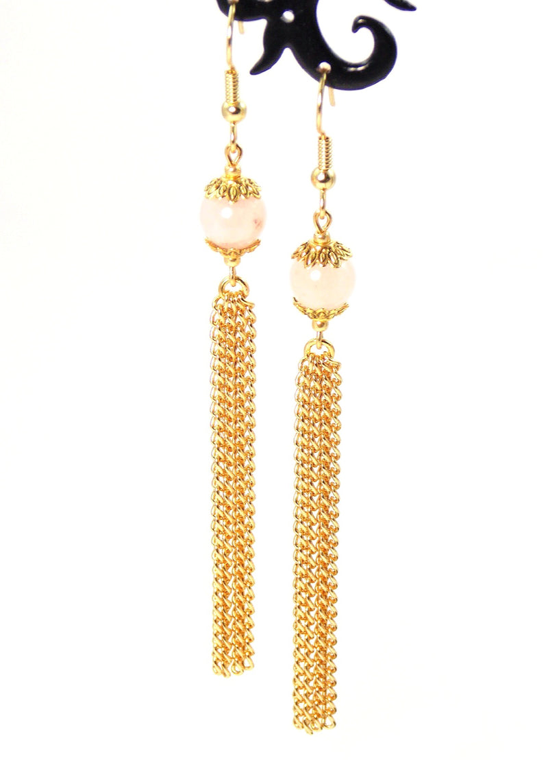 Pink Rose Quartz Long Gold Dangle Tassel Chain Earrings Clip On Optional