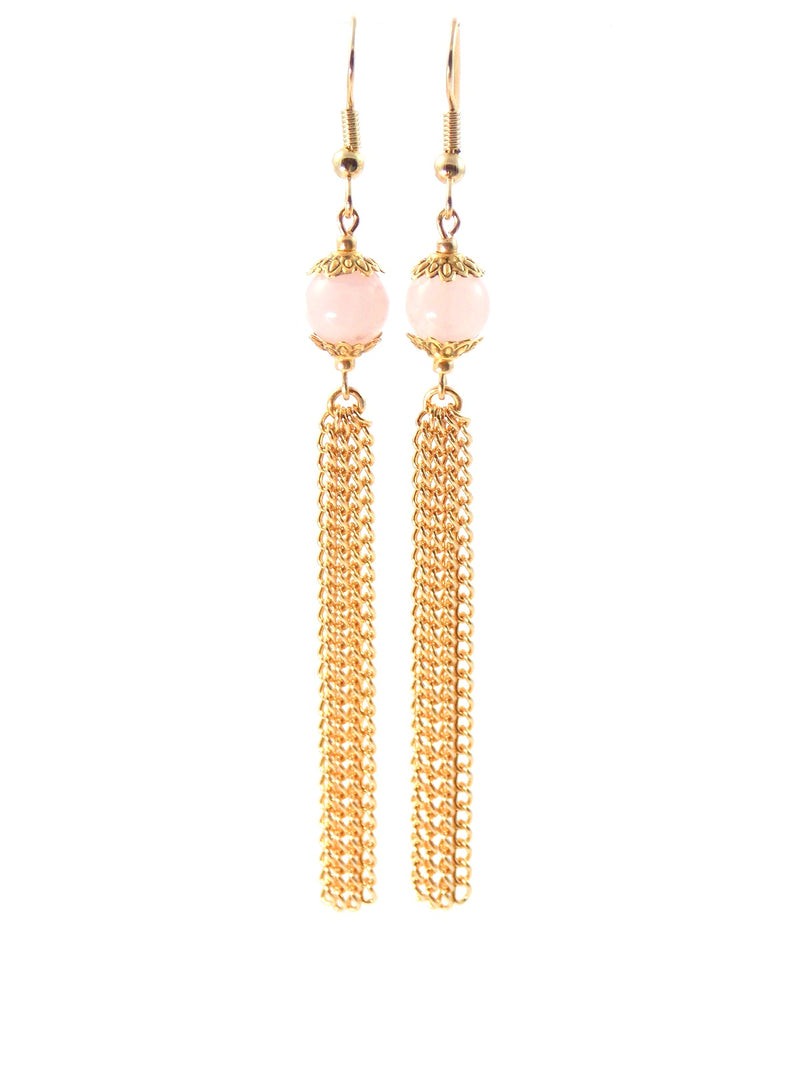 Pink Rose Quartz Long Gold Dangle Tassel Chain Earrings Clip On Optional