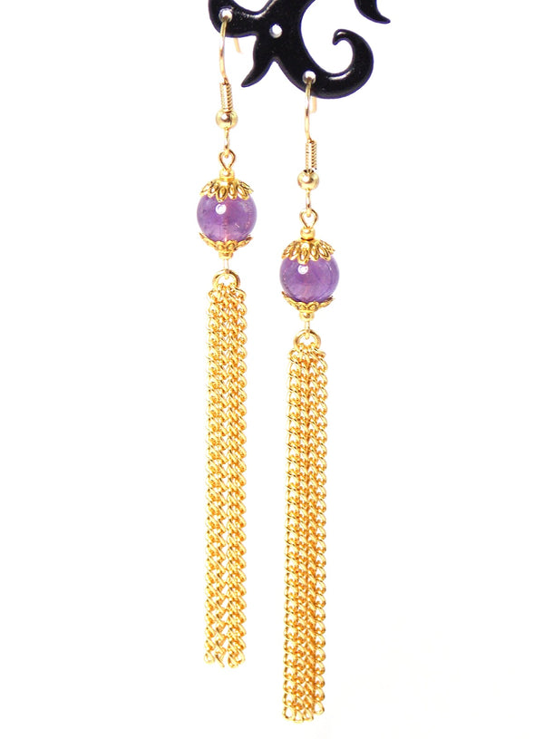 Violet Amethyst Long Gold Dangle Tassel Chain Earrings Clip On Optional