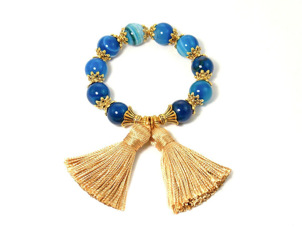 Blue Agate Gold Tassel Statement Bracelet