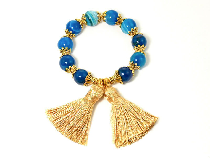 Blue Agate Gold Tassel Statement Bracelet