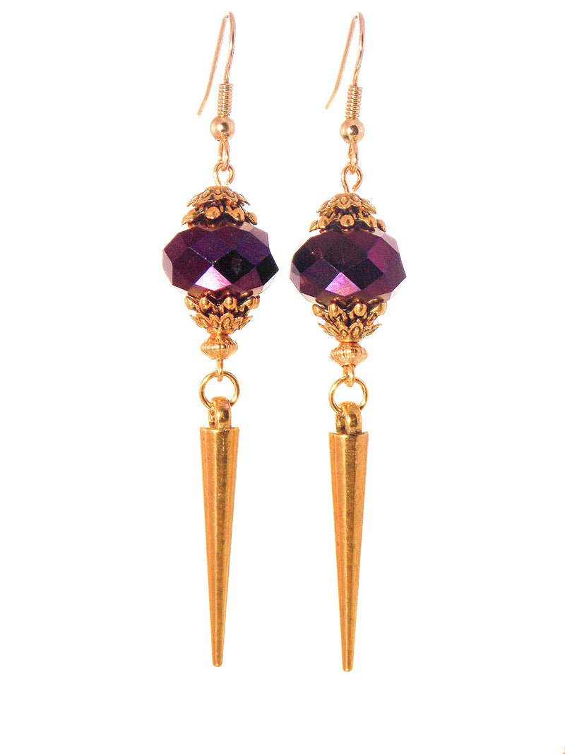Amethyst Glass Faceted Gold Spike Dangle Statement Earrings Clip On Optional