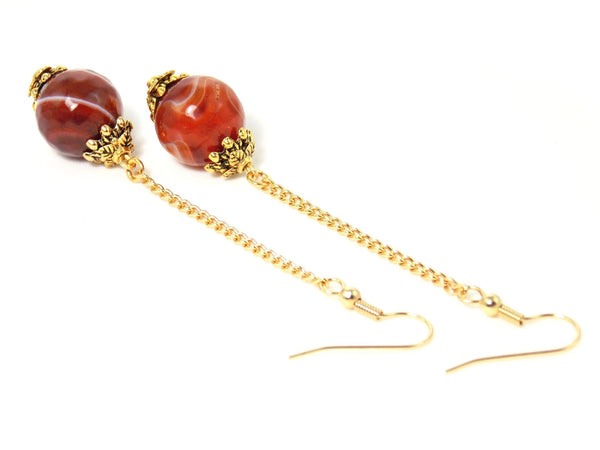 Semi Precious Orange Agate Ball Drop Gold Dangle Statement Earrings Clip On Optional