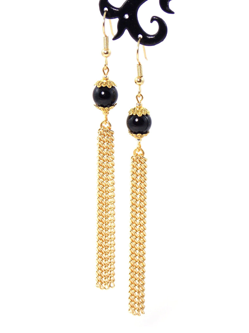 Black Semi Precious Agate Long Gold Tassel Dangle Chain Earrings Clip On Optional
