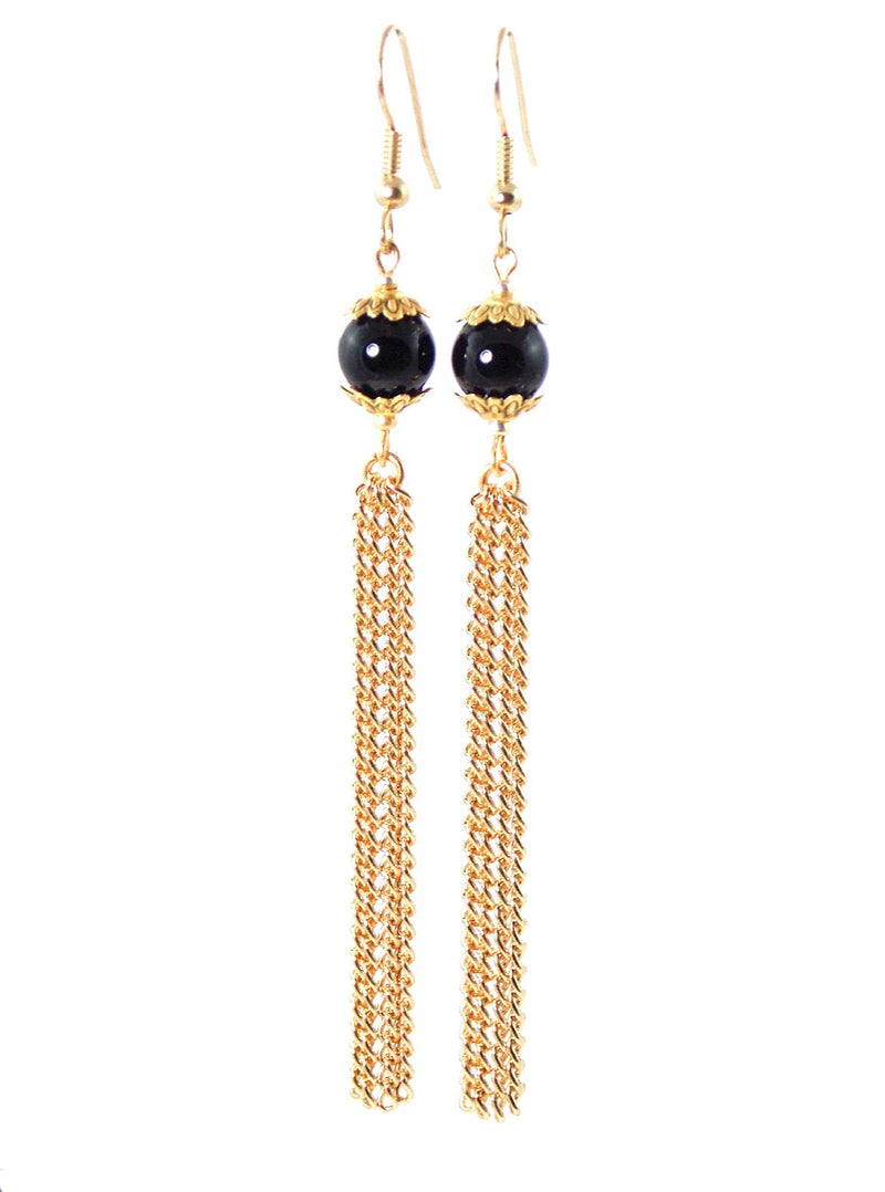 Black Semi Precious Agate Long Gold Tassel Dangle Chain Earrings Clip On Optional