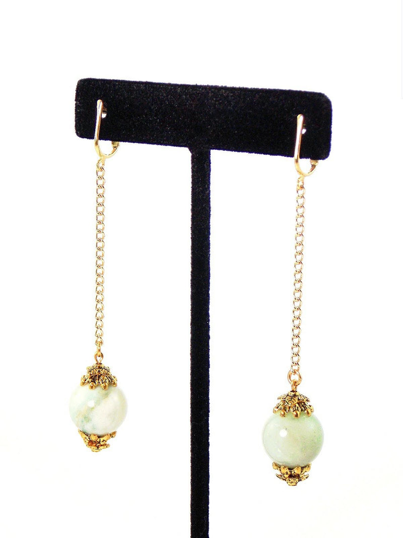 Semi Precious Amazonite Ball Drop Gold Dangle Statement Earrings Clip On Optional by KMagnifiqueDesigns