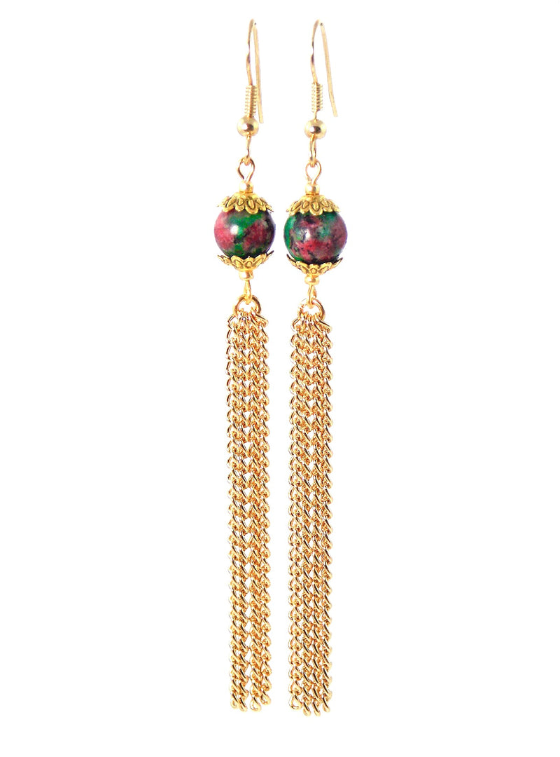Semi Precious Green Ruby Zoisite Gold Dangle Tassel Chain Earrings Clip On Optional