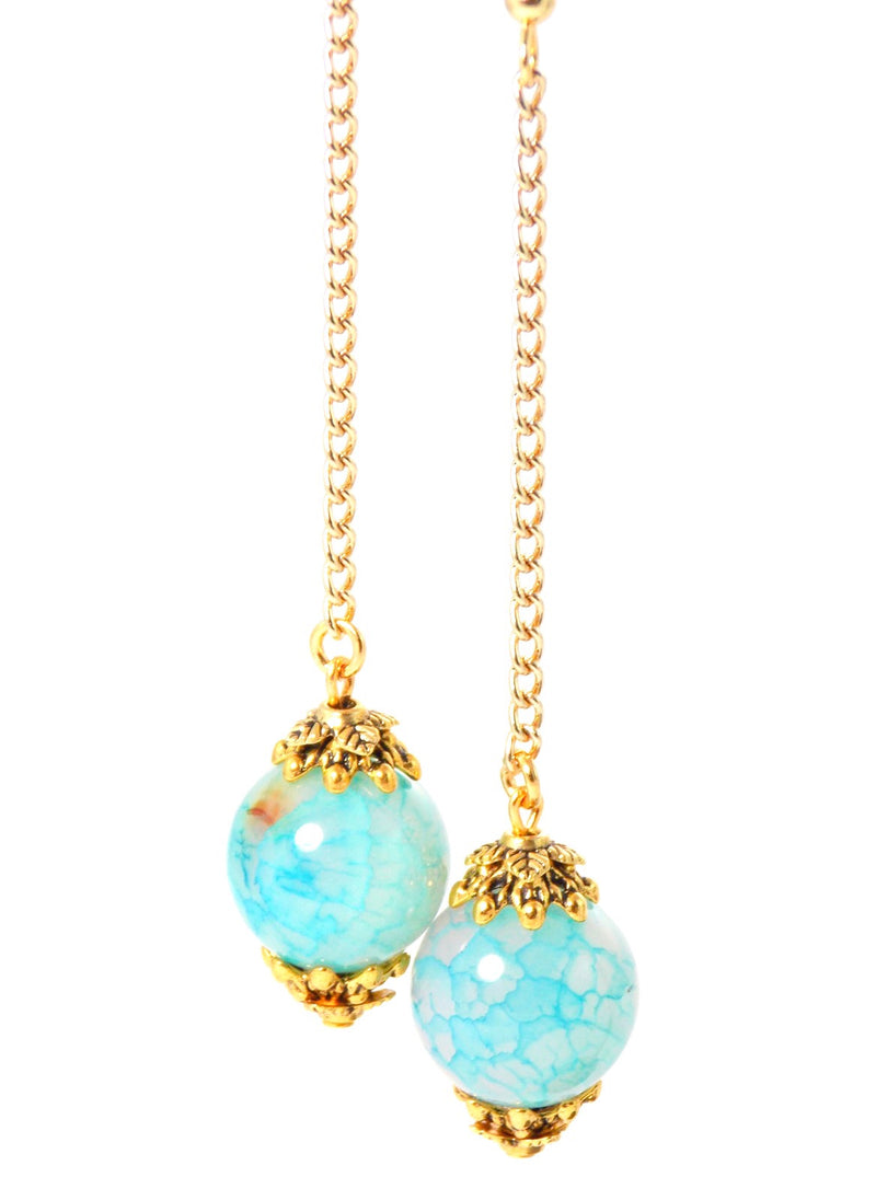 Semi Precious Light Blue Agate Ball Drop Gold Dangle Statement Earrings Clip On Optional