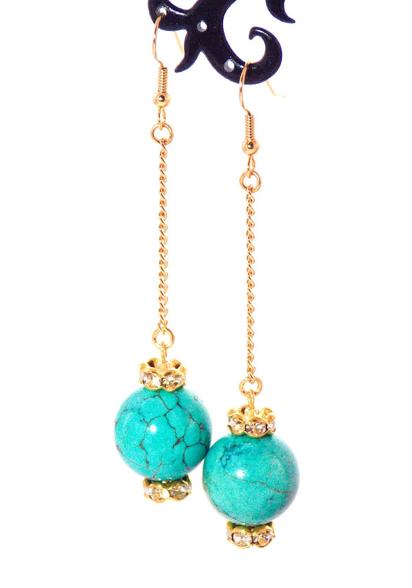 Turquoise Howlite Gold Dangle Ball Drop Crystal Statement Earrings Clip On Optional