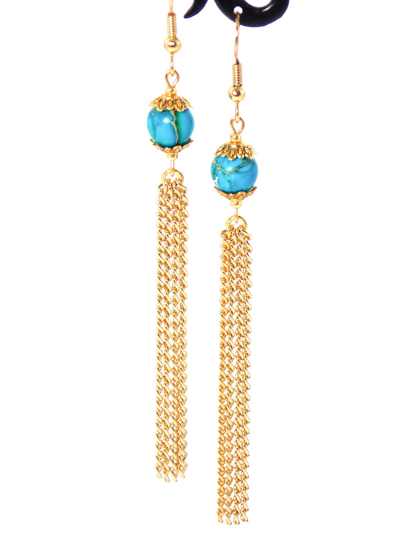 Semi Precious Blue Jasper Long Gold Dangle Tassel Chain Earrings Clip On Optional