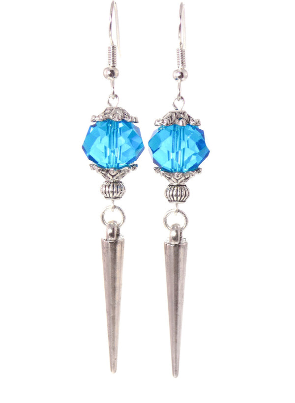 Light Blue Glass Faceted Silver Spike Dangle Statement Earrings Clip On Optional