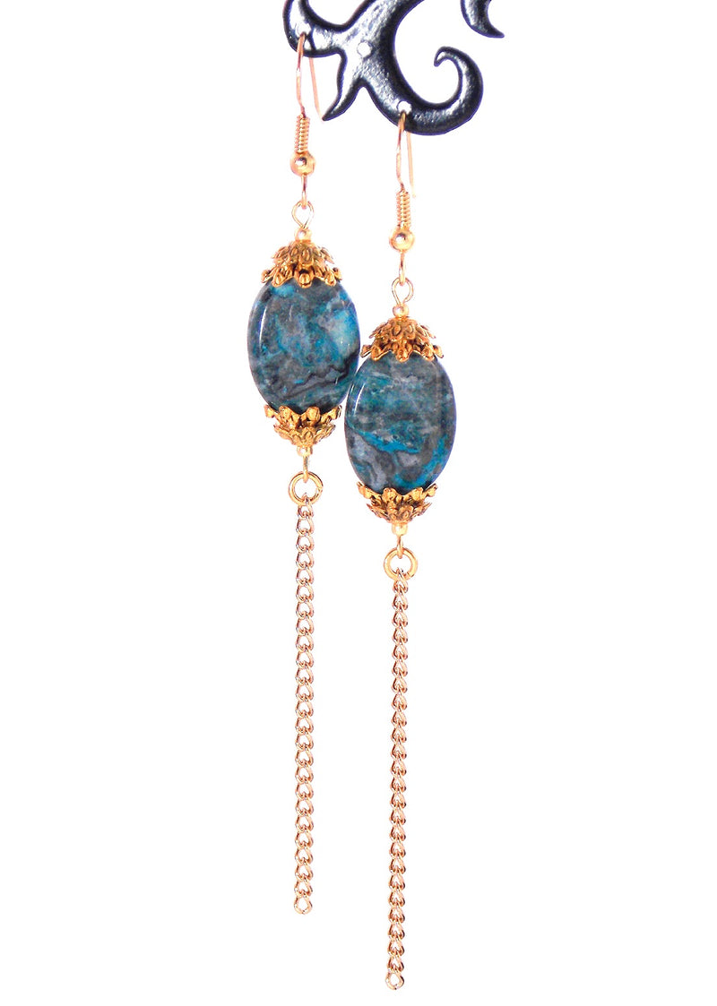 Semi Precious Blue Lace Agate Long Gold Dangle Statement Earrings Clip On Optional