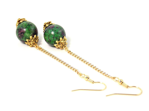 Semi Precious Green Ruby Zoisite Ball Drop Gold Dangle Statement Earrings Clip On Optional