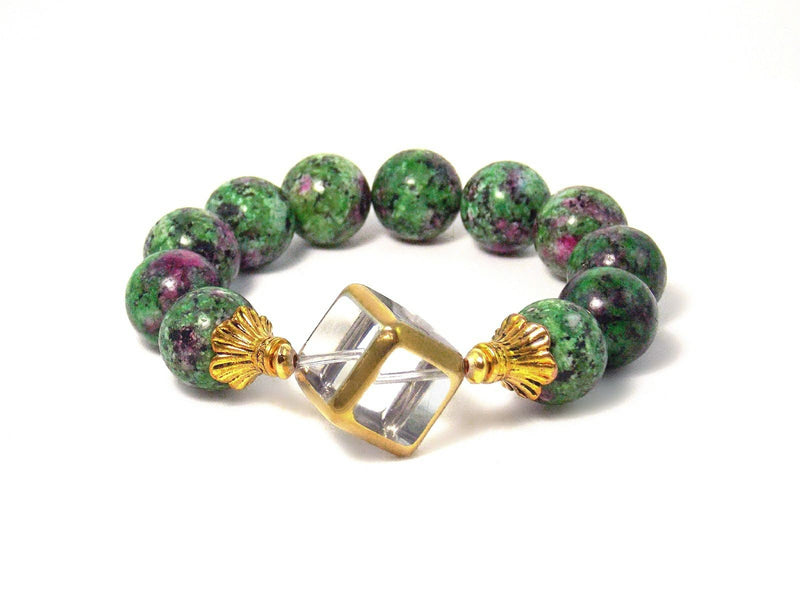 Green Ruby Zoisite Gold Plated Glass Cube Statement Bracelet