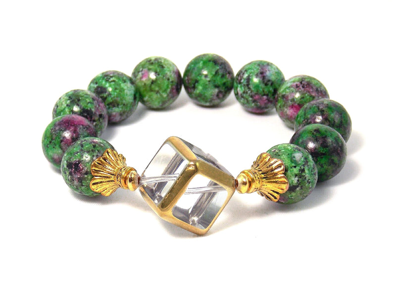Green Ruby Zoisite Gold Plated Glass Cube Statement Bracelet