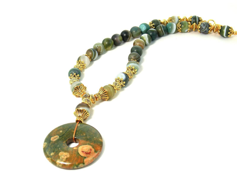 Green Agate & Rhyolite Gold Pendant Statement Necklace - KMagnifiqueDesigns
