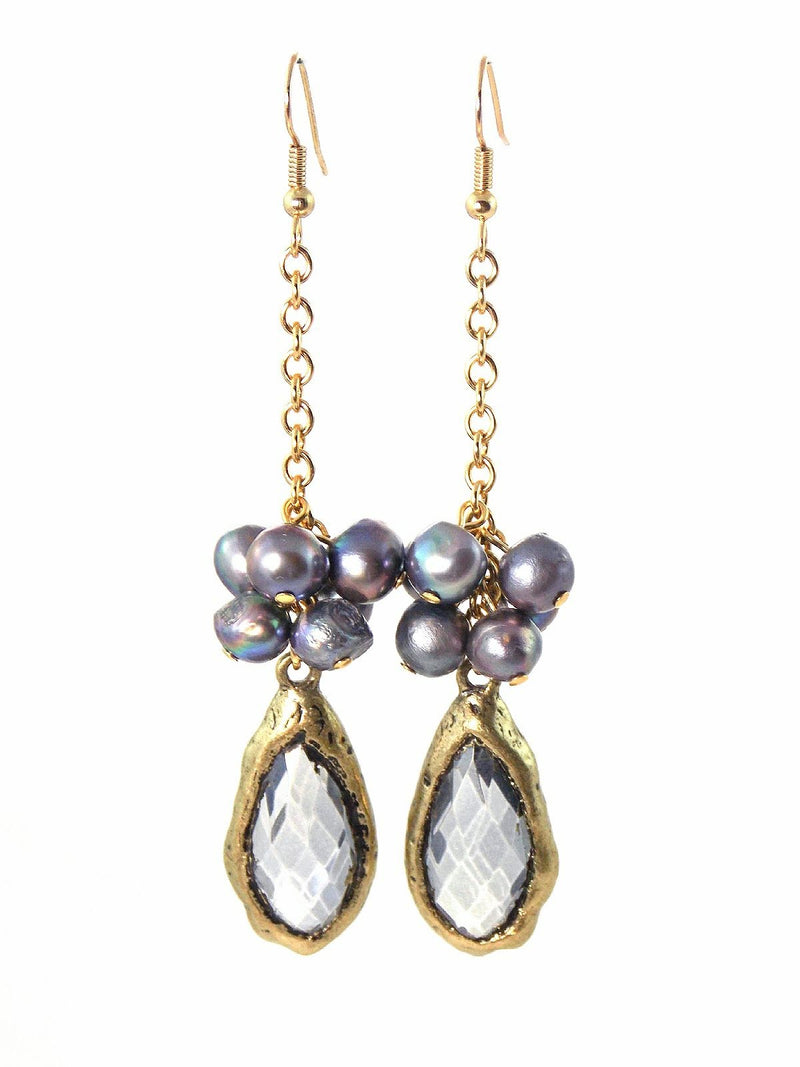 Gray Freshwater Pearl Long Gold Plated Crystal Statement Earrings